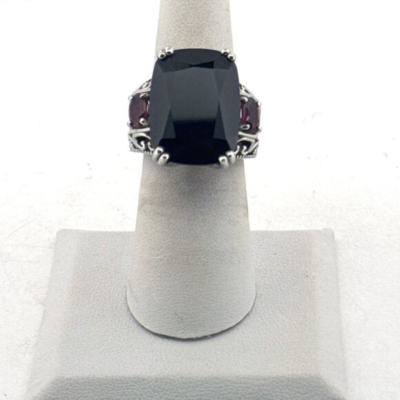 Designer Jewelry - Estate Sterling Silver 925 Filigree Ring Size 6 Large Black Stone & Red Accents